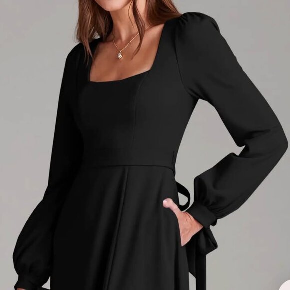 Black A-Line Long Sleeve Stretch Crepe Dress - Picture 3 of 5